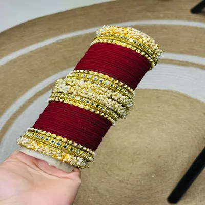 Luxury Maroon Bridal Chura Set with Pearl & Kundan Work – Wedding Bangles for Bride